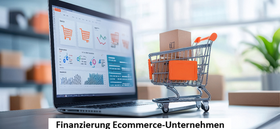 Ein Laptop vor dem ein kleiner Einkaufswagen steht und darunter der Text Finanzierung Ecommerce-Unternehmen