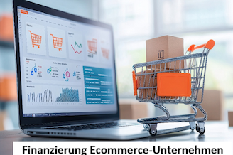 Ein Laptop vor dem ein kleiner Einkaufswagen steht und darunter der Text Finanzierung Ecommerce-Unternehmen