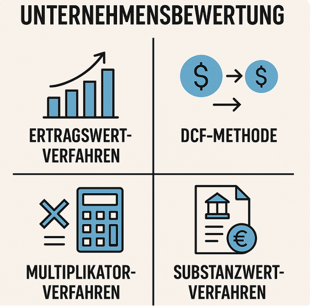 Das Bild zeigt vier Grafiken, die die Themen Ertragswertverfahren, DCF-Methode, Multiplikatorverfahren und Substanzwertverfahren bildlich darstellen.