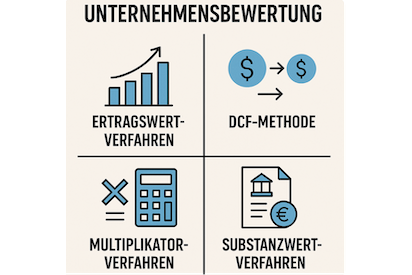 Das Bild zeigt vier Grafiken, die die Themen Ertragswertverfahren, DCF-Methode, Multiplikatorverfahren und Substanzwertverfahren bildlich darstellen.